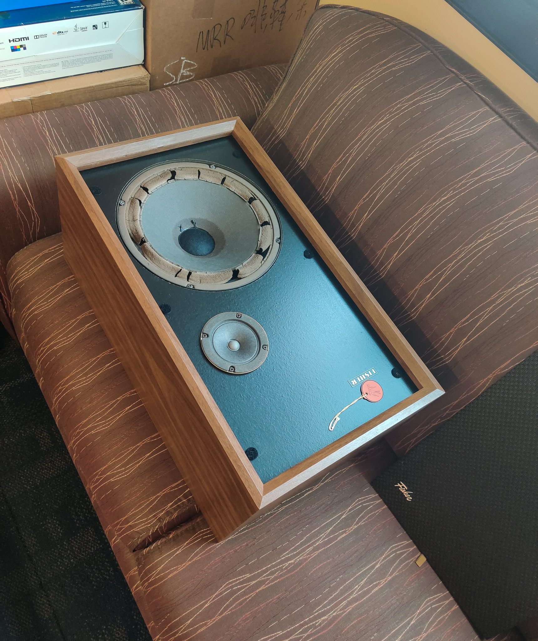 Speaker before restoration. Woofer surround is completely deteriorated.